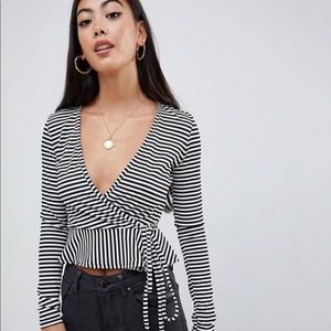 ASOS 0 Boohoo Wrap Striped Black & White Crop Top